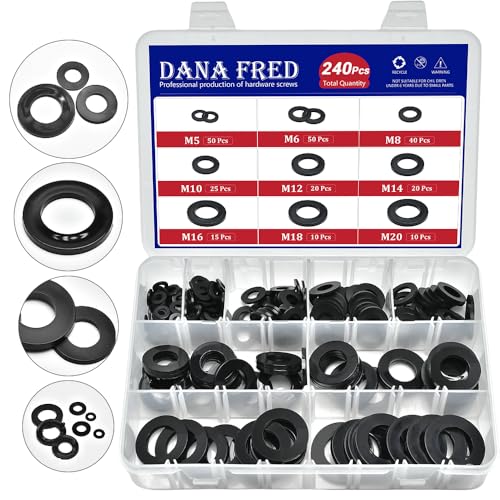 240pcs Nylon Large Flat Round Washer Spacer,9 Sizes Black Flat Washers Assortment Kit,Countersunk Plastic Spacer Thickness Gasket Ring Hardware Tool Fastener for Screw M5 M6 M8 M10 M12 M14 M16 M18 M20