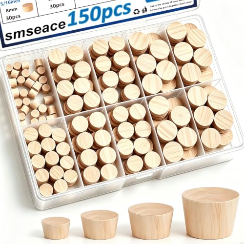 smseace 150Pcs 4-Sizes Wood Plugs 3/16" 5/16"，3/8"，1/2" Wooden Hole Plugs for Holes in Furniture/Table and Chair Legs/Cabinet Reserved Holes/Outdoor Equipment Wood Plugs Assortment Kit - style: Round Wood Plugs