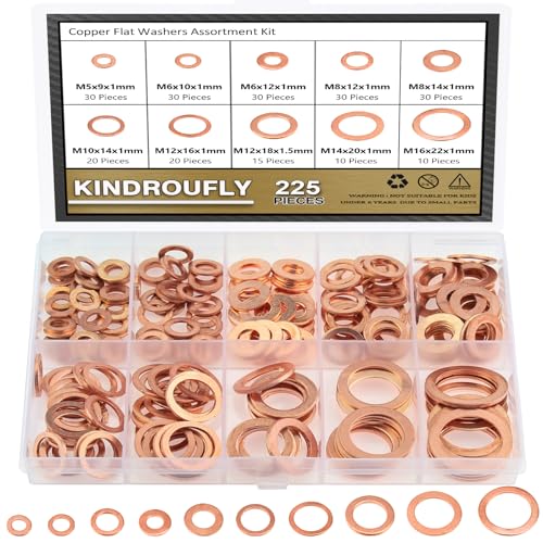 225 Pieces Copper Metric Flat Washers, Sealing Washers, Kindroufly 10 Sizes Copper Washers, Metal Washers Assortment Kit (M5 M6 M8 M10 M12 M14 M16)