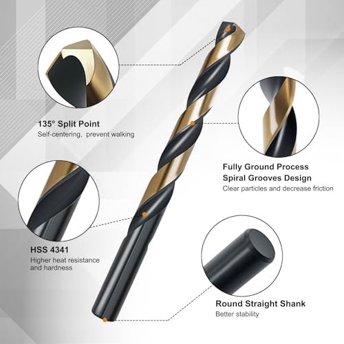 29Pcs Cobalt Drill Bit Set, 135 Degree Tip High Speed Steel with Black and Gold Finish, Stainless Steel, Plastic and Wood with Metal Indexed Storage Case 1/16"-1/2" - color: 4341-29pcs