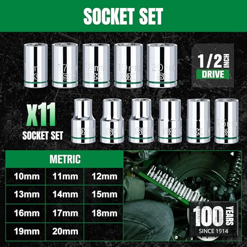 SK 1/2" Drive Socket Set, Metric Sockets, 11-Piece 10-20mm - size: Shallow, style: Metric