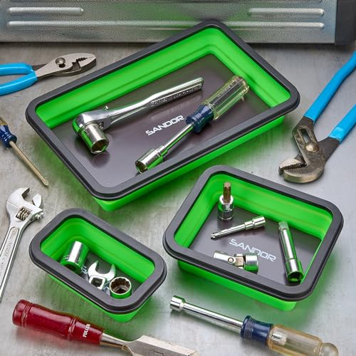 Collapsible Magnetic Parts Tray Set - 3 Different Size Tool Trays - Green - color: Green