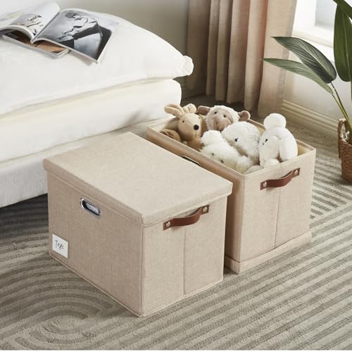 15" Fabric Storage Box with Lids, 3-Pack, Khaki - color: khaki, size: Medium-15"
