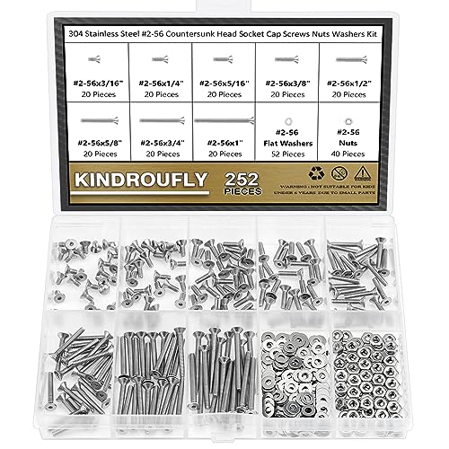 252 Pieces #2-56 x 3/16", 1/4", 5/16", 3/8", 1/2", 5/8", 3/4", 1", Countersunk Head Socket Cap Screws Nuts Washers Assortment Kit, 304 Stainless Steel, Fully Machine Thread - size: #2-56, style: Countersunk Head