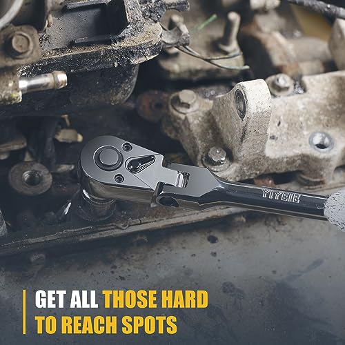YIYEIE 6-Piece Flex Head Ratchet Set, 1/4", 3/8", 1/2" Drive, Swivel Head Ratchet Wrench with Extension Bar, 72 Tooth, 180° Adjustable, Quick-Release, Flexible Ratchet Handle with EVA Foam - size: 1/4", 3/8", 1/2" Drive, style: 6pcs Flex Head Ratchet Set