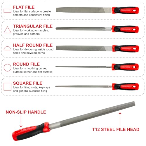 MAXPOWER 10-inch Metal File Set, 5 Pieces Hand Files Including Flat, Round, Half-Round, Triangle and Square, Soft Grip Handle, File Set for Wood, Metal Work and DIY