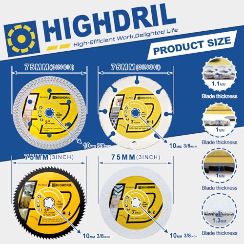 HIGHDRIL 3" 75mm Circular Saw Blade Set 4pcs - Diamond/HSS/Carbide Cutting Disc for Angle Grinder Cutting Soft Metal Copper Aluminum Tile Marble Granite Plastic Wood Glass - size: MIX 4