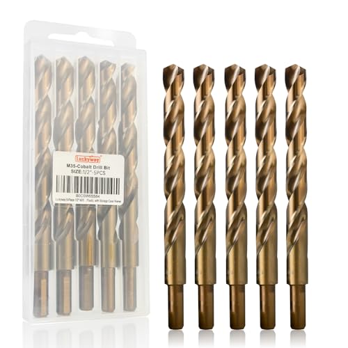 Luckyway 1/2" Cobalt Drill Bit (5 Pcs), Jobber Length Twist Drill Bit Set for Hard Metal, Stainless Steel, Cast Iron, Wood and Plastic, with Storage Case - style: 1/2" (5Pcs) Cobalt Drill Bits