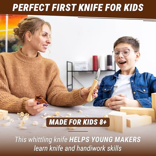 BeaverCraft Whittling Knife for Kids, Beginners - Safety Wood Carving Knife C1 Kid - Whittling Knives with Rounded Tip for Children, Entry-Level Carvers - Wood Carving Tools for Beginners, Boy Scout