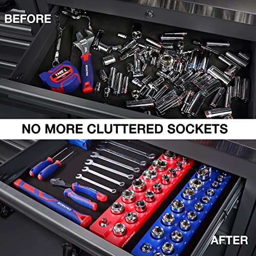 WORKPRO 1/2-inch Magnetic Socket Organizer Set, 2-Piece SAE & Metric Magnetic Socket Holders, Holds 35 Standard Sockets for Tool Box, Tool Carts (Sockets Not Included) - size: 1/2" SAE&Metric