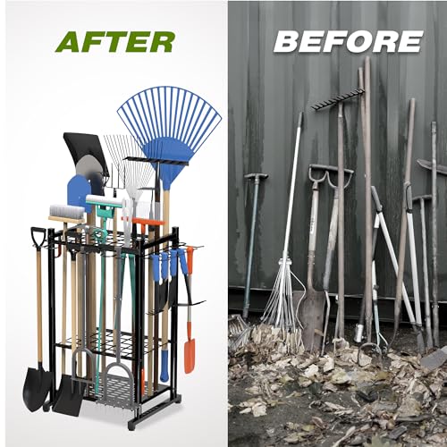 Sttoraboks Garden Tool Organizer Rack Up to 50 Tools, Heavy-Duty Steel Yard Tool Organizer for Garage Storage with 11 Hooks, Broom Holder & Garden Tool Rack for Shed, Patio, Outdoor Use, Black - style: Rack with hooks
