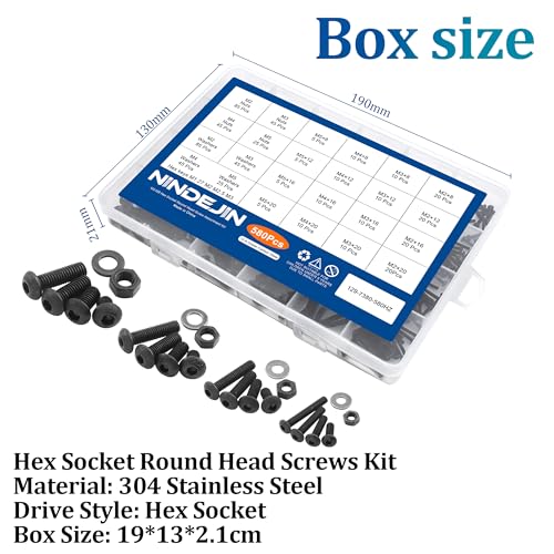 NINDEJIN 580pcs M2 M3 M4 M5 Hex Socket Cap Screws Set, 8 12 16 20mm Screw Bolts and Nuts Assortment Kit, 304 Stainless Steel Metric Hex Socket Screws and Nuts and Flat Wahser Set, Fully Machine Thread - size: 580Pcs M2-M5 8mm-20mm