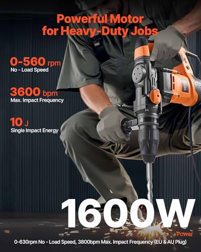 VEVOR 1-9/16 Inch SDS-Max Rotary Hammer Drill, 13Amp Corded Drills, Heavy Duty Chipping Hammers w/Vibration Control & Safety Clutch, Electric Demolition Hammers Variable Speed, Power Tool For Concrete - size: 1-9/16 in