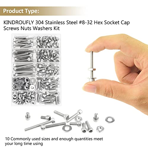 202 Pieces #8-32 x 1/4", 5/16", 3/8", 1/2", 5/8", 3/4", 1", 1-1/4", Hex Socket Head Cap Screws Nuts Washers Assortment Kit, 304 Stainless Steel, Fully Machine Thread - size: #8-32, style: Socket Head