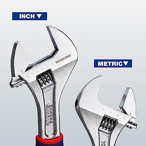 WORKPRO 10-Inch Adjustable Wrench, Wide Jaw, Metric/SAE Scales | Rubber Anti-Slip Grip, Premium Cr-V Steel, Chrome-Plated Finish for Strength and Corrosion Resistance - size: 10 inch