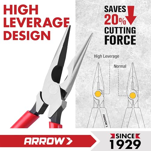 ARROW 8" High Leverage Needle Nose Pliers with Side Cutters, Long Nose Pliers for Gripping, Wire Bending, Cutting (Pack of 2) - size: 8 INCH (Pack of 2)