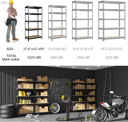 PrimeZone 5-Tier Garage Storage Shelves, Adjustable Metal Shelving, Black - size: 28"W x 12"D x 59"H
