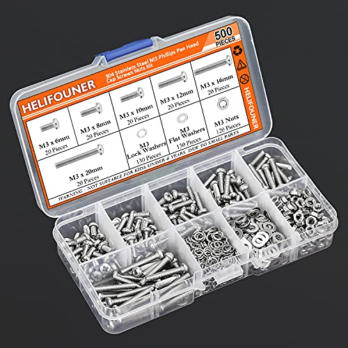 HELIFOUNER 500 Pieces M3 x 6mm /8mm /10mm /12mm /16mm /20mm, Phillips Pan Head Machine Screws, Metric Screws Bolts Washers Nuts Kit, 304 Stainless Steel - size: M3