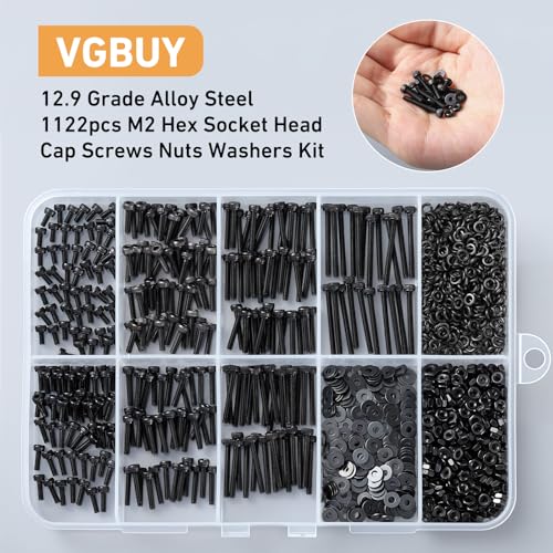 VGBUY 1122Pcs M2 Screws Kit,Black M2 Screws (7 Sizes 4-20mm),Hex Socket Head Cap Small Metric Bolts Nuts Assortment,12.9 Grade Alloy Steel,Black Oxide, 4/6/8/10/12/16/20mm - size: M2x4/6/8/10/12/16/20mm, style: Socket Head
