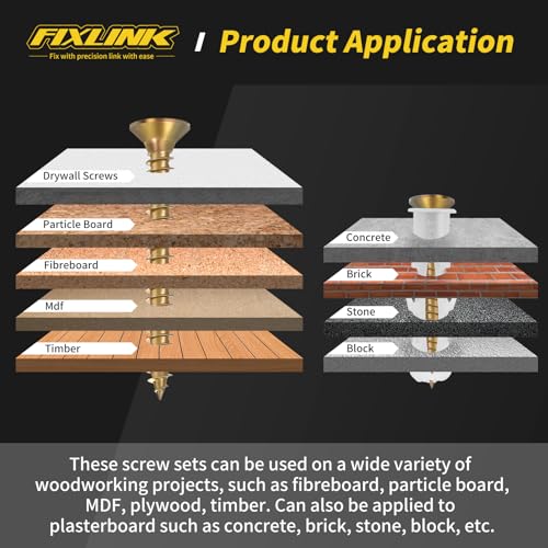 240PCS Wood Screws Assortment Kit, FIXLINK Zinc Coated Flat Head Screws Set - color: Yellow Zinc