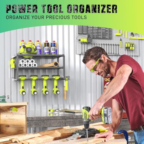 SUNALLY Power Tool Organizer, Heavy Duty Iron, 3 Layers Storage Rack with 4 Drill Holders, Floating Tool Shelf Wall Mounted, Matte Black, Work Shop, Garage, 150Lbs Load Capacity - style: 4 Drill Holders A