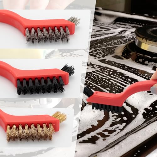6 Pcs Wire Brush Set with Stainless Steel, Brass & Nylon Bristles