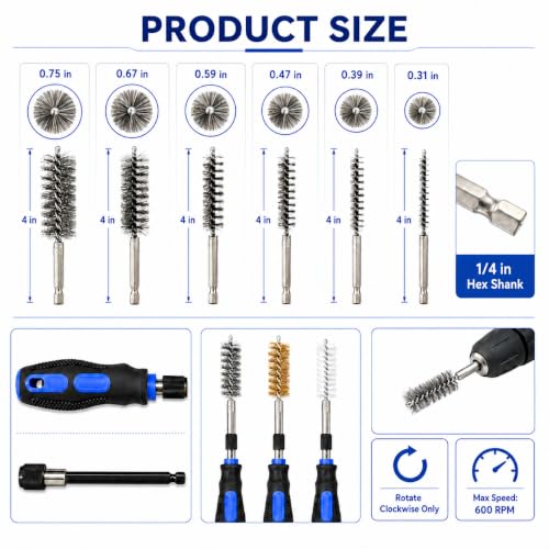 18pcs Wire Bore Brush Set for Drill Cleaning with 1/4" Hex Shank & Tool Bag - size: Nylon+Brass+Stainless Steel