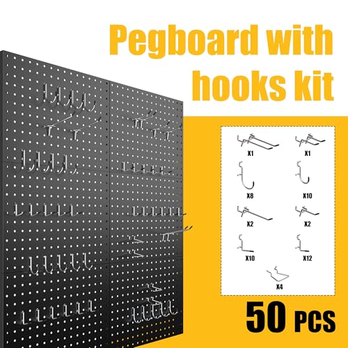 Spampur Peg Board, 6 Pack Metal Pegboard Panels with 50 Hooks - color: Black, size: 16x12"- 6 Pcs