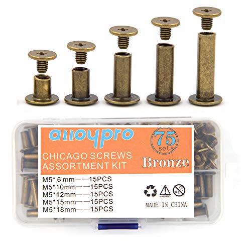 75 Sets Chicago Screws Assorted Kit 5 Sizes Bronze Leather Rivets Screw Rivets Slotted Phillip Head Book Binding Posts Nail Rivet Chicago Bolts for DIY Leather Craft Bookbinding (5 x 6,10,12,15,18) - size: Bronze-6,10,12,15,18