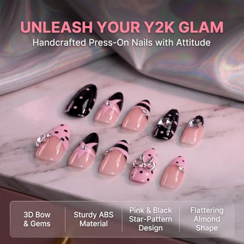 Medium Almond Press On Nails Pink Black with Y2K 3D Star Polka Dots Stripe - color: Style29