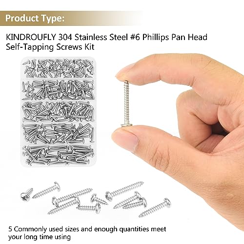 182 Pieces #6 x 3/8" 1/2" 5/8" 3/4" 1" Phillips Pan Head Self-Tapping Screws, Wood Screws Assortment Kit, 304 Stainless Steel - size: #6