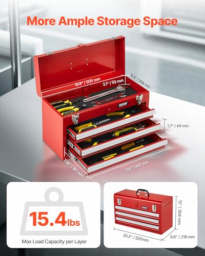 VEVOR Metal Tool Box, 20.5-inch, Portable Metal Tool Box with 3 Drawers, Small Tool Chest with EVA Liners, Ball Bearing Slide Drawers Locking & Powder Coated Finish, Multi-Function Tool Organizer, Red - size: 3 Drawers-Red