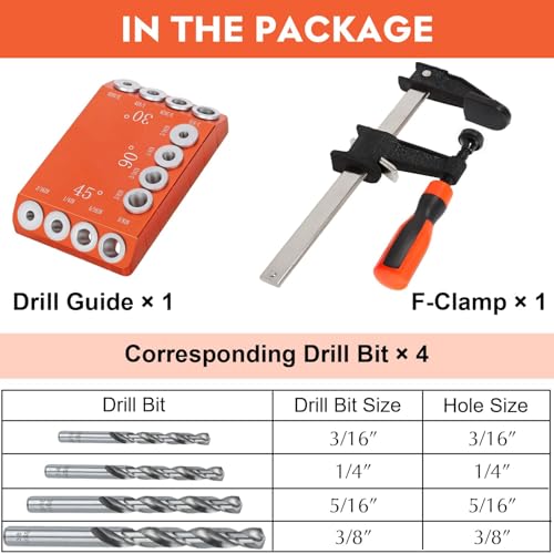 Aluminum Drill Guide Jig 30 45 90 Degree Angle 4 Sizes with 6" F Clamp for Angled and Straight Holes, Portable Durable Cable Railing Drilling Template Block for Deck Stair Handrail DG12 - size: With F clamp