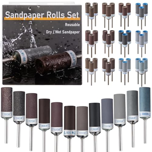 36 Pcs Sanding Drums Kit with 1/8" Shank for Rotary Tools Accessories, 180/240/320/400/600/800/1000/1200/1500/2000/2500/3000 Grits for Metal Rust Removal Stone Grinding Jade Polishing