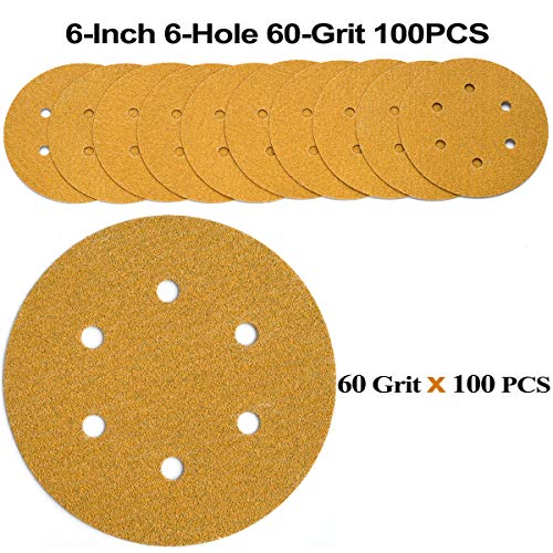 6-Inch 6-Hole Hook and Loop Gold Sanding Discs 60-Grit, 100-Pack - style: 60 Grit