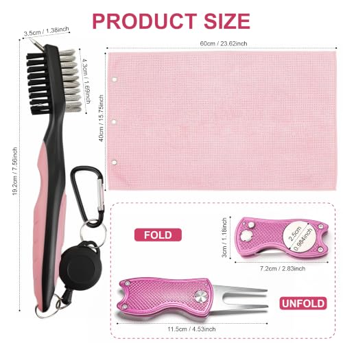 Golf Towel for Women with Club Brush & Divot Tool – 16"x24" Tri-Fold Waffle Microfiber Towel, Retractable Club Groove Cleaner & Divot Repair Tool, Golf Accessory Kit for Female Golfers (Pink) - color: Pink