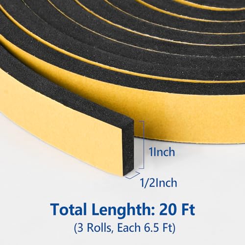 Kikerike Self Adhesive Foam Tape Weatherstrip 1In x 1/2In x 20Ft High Density Foam Insulation Strips Seal Weather Stripping with Strong Adhesive for Door and Window Sound Isolation Soundproofing - size: 1in x 1/2in x 20Ft