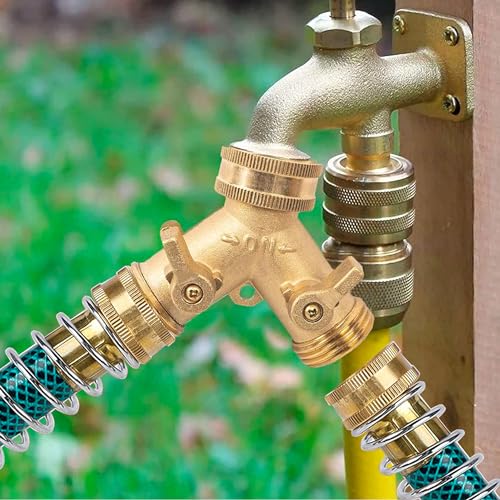 Hourleey 2 Way Hose Splitter, 3/4" Brass Hose Y Splitter with 2 PCS Garden Hose Extension Hose Coiled Spring Protectors and 6 Rubber Washers - size: 2 Pack with Splitter