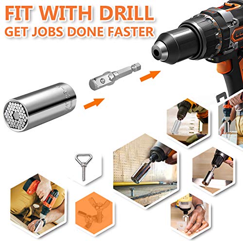 Universal Socket Wrench Set (11-32mm 7-19mm) Professional Sockets Tools Multi-function Wrench Repair Tool Kit with 3/8 inch Ratchet Wrench & Power Drill Adapter Chrome Vanadium Steel