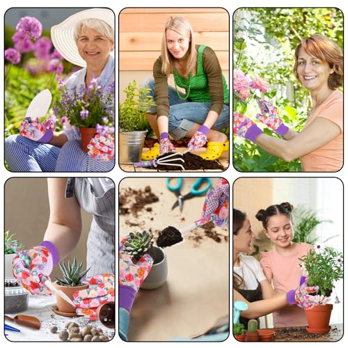 Garden Tools Set, JUMPHIGH 10 Pieces Gardening Tools with Floral Print, Ergonomic Handle Trowel Rake Weeder Pruner Shears Sprayer, Garden Hand Tools with Carrying Case Gardening Gifts for Women Father - color: Purple