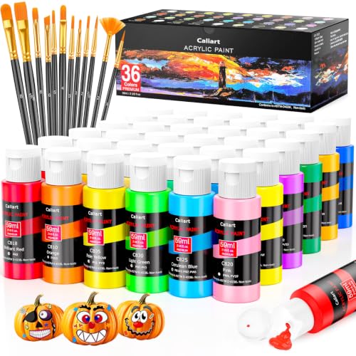 Caliart 36 Colors Acrylic Paint Set with 12 Brushes - color: Regular, size: 2 Fl Oz (Pack of 36)