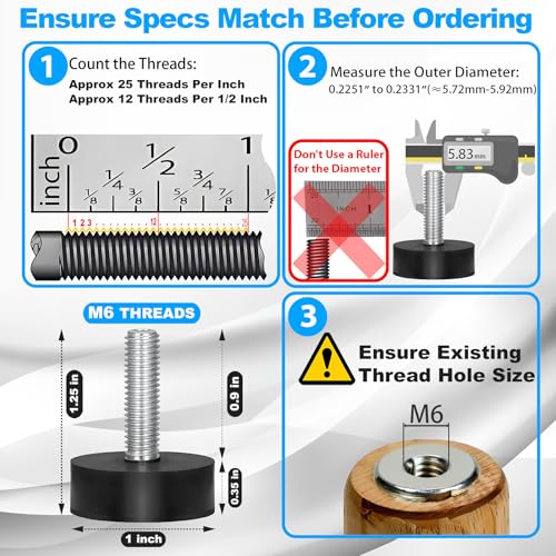 12PK Rubber M6 Leveling Feet, Adjustable Levelers with Inserts - size: Metric M6 thread