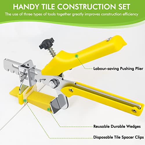 Tile Leveling System 1/8”Kit, 600pcs Tile Leveler Spacers Clips+200pcs Reusable Wedges+1pc Tile Pliers for Wall/Floor Tile Adjustment, Tile Leveler Tool Set for Tile & Stone Installation(1/8",Yellow) - size: 1/8"