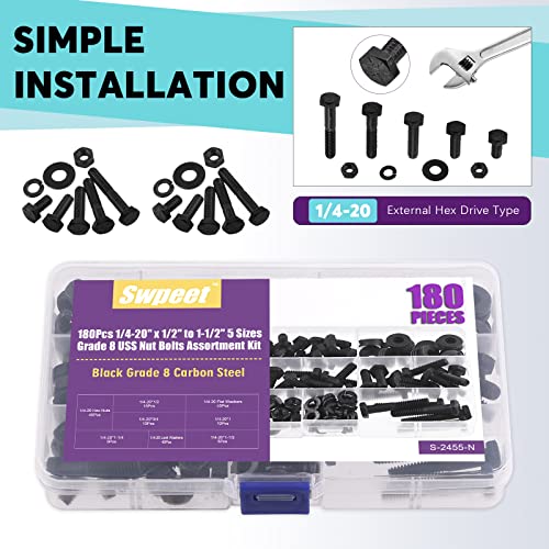 Swpeet 180Pcs 1/4-20" x 1/2" to 1-1/2" 5 Sizes Black Zinc Finish Carbon Steel Grade 8 USS Nut Bolts Assortment Kit, Heavy Duty Bolt Nut and Washer Assortment Coarse Thread Hex Head Cap Screws Bolt - size: 1/4 Inch