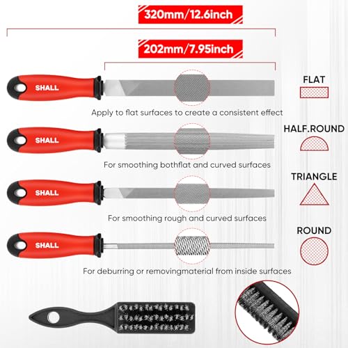 SHALL 17Pcs Metal File Set - Premium Grade T12 Drop Forged Alloy Steel - Flat/Triangle/Half-round/Round Large File & 12pcs Needle Files with Storage Box, Wire Brush - for Metal, Wood & Plastic