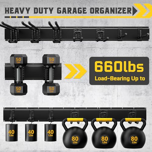 48" Garage Tool Organizer Wall Mount, 660lbs Heavy Duty Steel Garden Tool Storage Rack with 9 Adjustable Hooks for Yard, Shed, Garage (3 Racks, 9 Hooks, 2 Straps) - size: 48inch