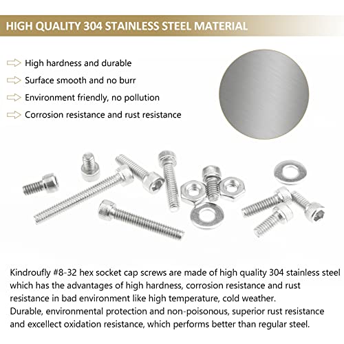 202 Pieces #8-32 x 1/4", 5/16", 3/8", 1/2", 5/8", 3/4", 1", 1-1/4", Hex Socket Head Cap Screws Nuts Washers Assortment Kit, 304 Stainless Steel, Fully Machine Thread - size: #8-32, style: Socket Head