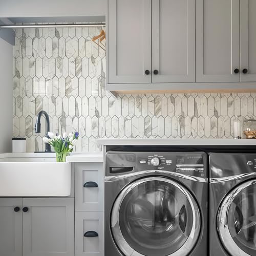 Vamos Tile Glossy Carrara White Backsplash Tile Peel and Stick, 12.8 x 12.8 Inch 10 Sheets Long Hexagon PVC Self Adhesive Mosaic Wall Tiles Stick on Backsplash for Kitchen and Bathroom - color: Glossy Carrara White with Dark Gray Grout