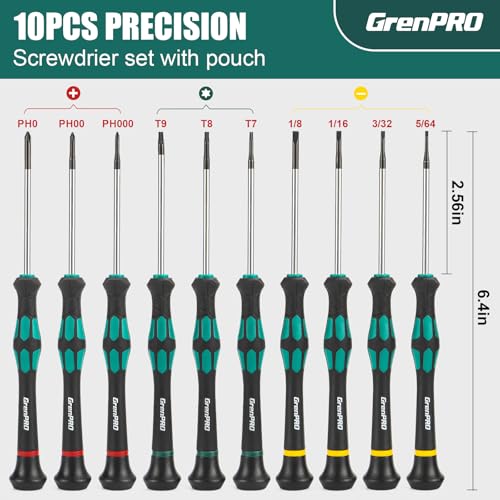 GRENPRO 10-Piece Precision Screwdriver Set, Magnetic Small Screwdrivers with Phillips, Slotted, Torx Star for Eyeglass, Watch, Computer, Laptop, Phone,Green - color: Green