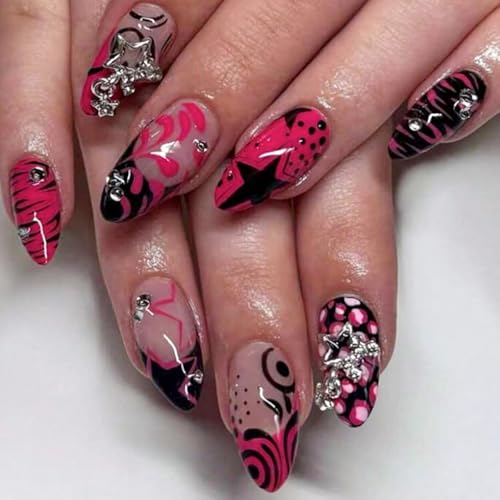 Medium Almond Press On Nails Pink with Y2K Star Rhinestones Curve Lines - color: Style1